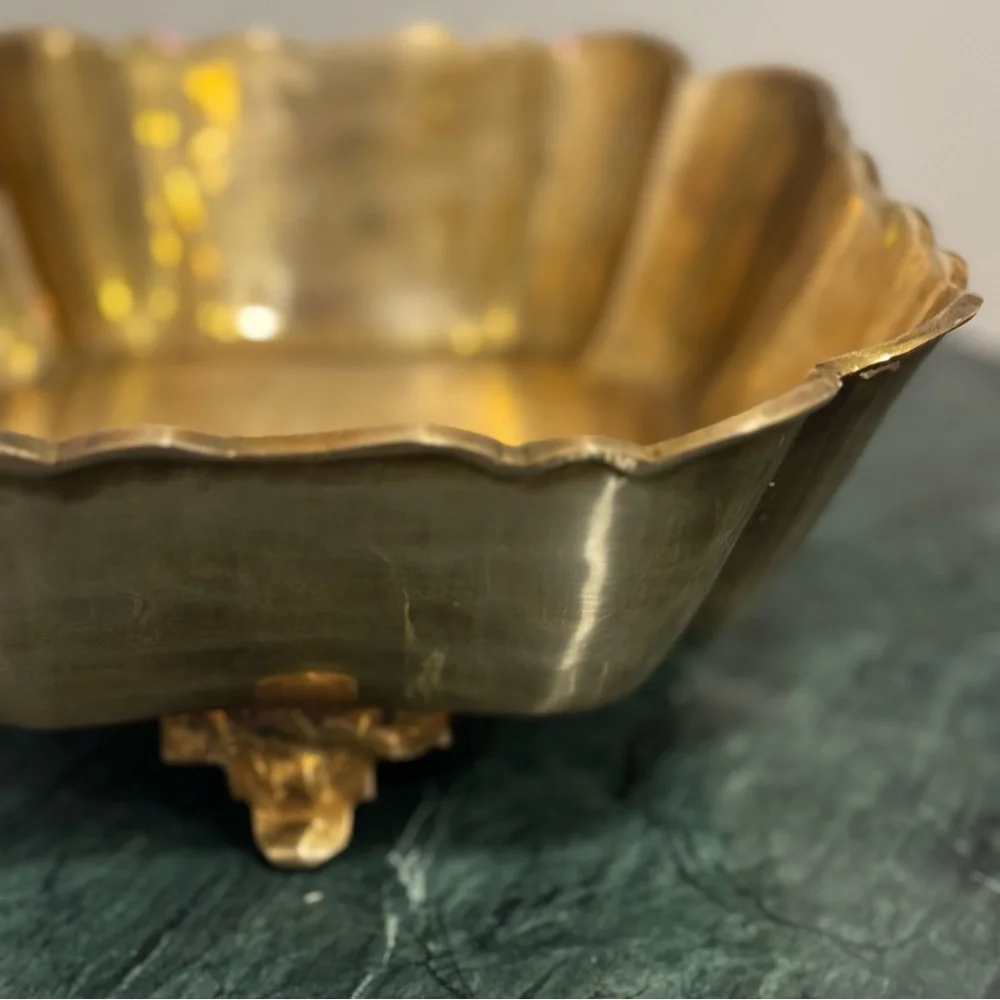 Vintage   Brass Bowl  Gold Planter Footed Dish Segmented Scalloped